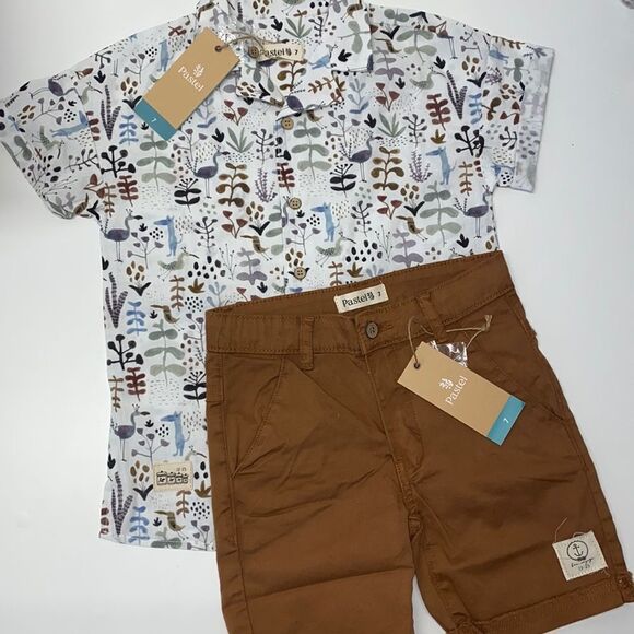pastel 2 pc set short pant with raw edge cuff/collared CA shirt sz  7 kids New - Picture 1 of 14